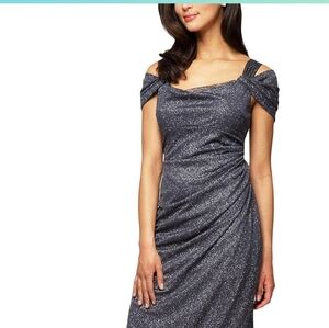 Alex Evening Elegant Gray Off-Shoulder Dress